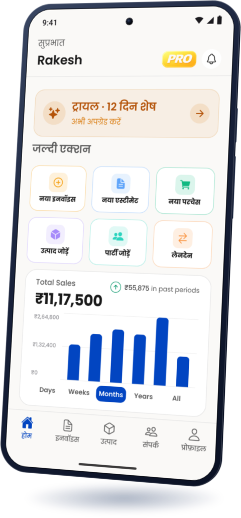 BillBabu ऐप की होम स्क्रीन हिंदी में: नया इनवॉइस, नया एस्टीमेट और ख़रीदारी के बटन, और कुल बिक्री का चार्ट