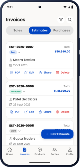 Estimates list in the BillBabu app: EST-2026-0007 for Meera Textiles, ₹56,640, marked Sent, with PDF, Edit and Share buttons