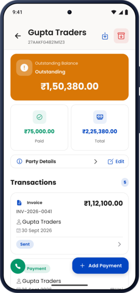 Party ledger for Gupta Traders in the BillBabu app: outstanding ₹1,50,380, paid ₹75,000, total ₹2,25,380, with the list of transactions
