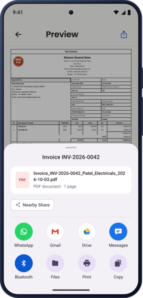 बिल INV-2026-0042 की PDF शेयर करने की स्क्रीन, जिसमें WhatsApp, Gmail, Drive और Print जैसे विकल्प हैं